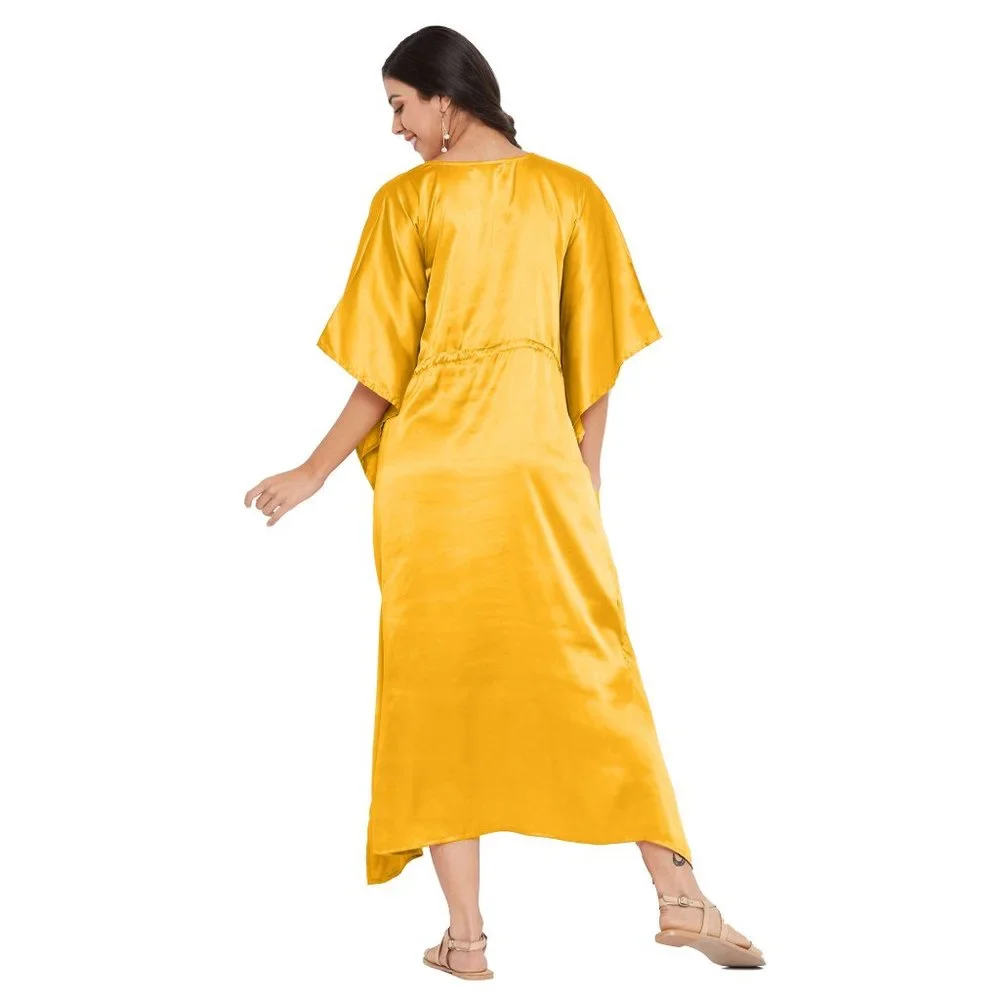 Women Plus Size Fit and Flare Yellow Kaftan Solid Maxi Dress by Gypsie Blu_5